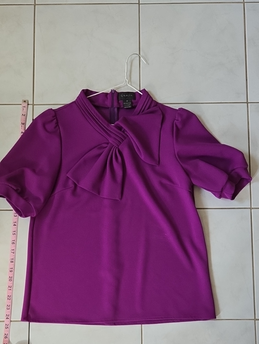 Gracia Purple Puff-Sleeve Bow Neck Blouse